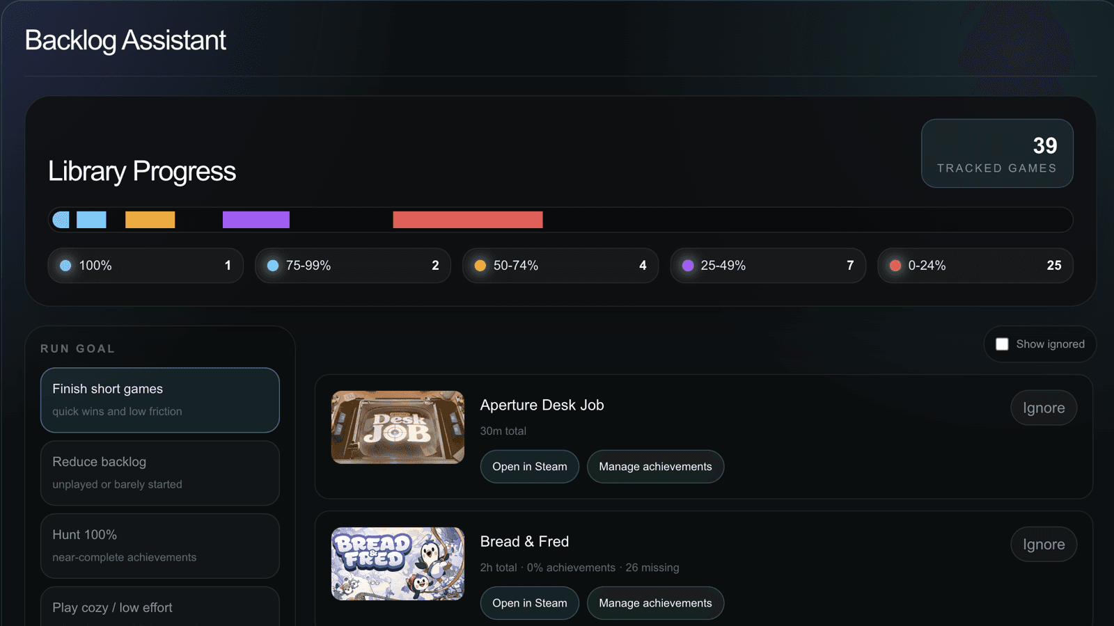 Open your backlog. Steam Companion dashboard screenshot