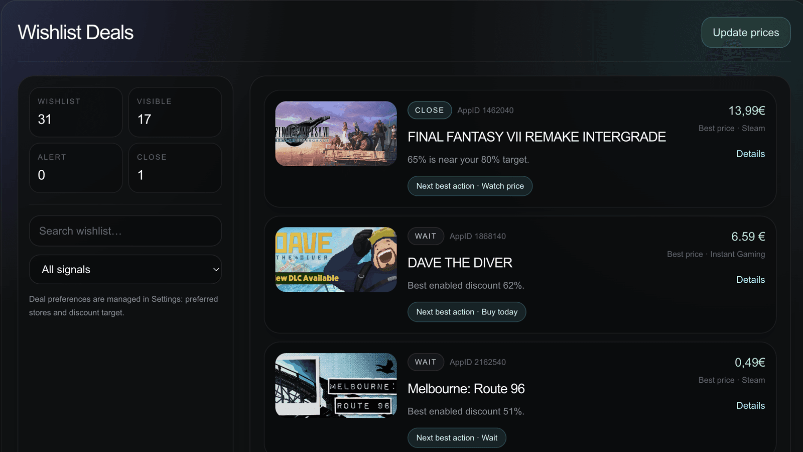 Watch future deals. Steam Companion dashboard screenshot